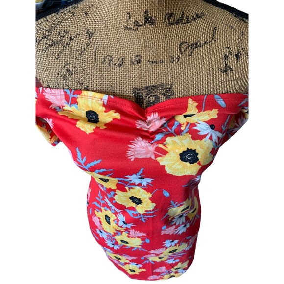 ๐ 2/$20 ๐ Red Body Con Dress with Yellow Flowers Off Shoulder sz 12 - Picture 6 of 6